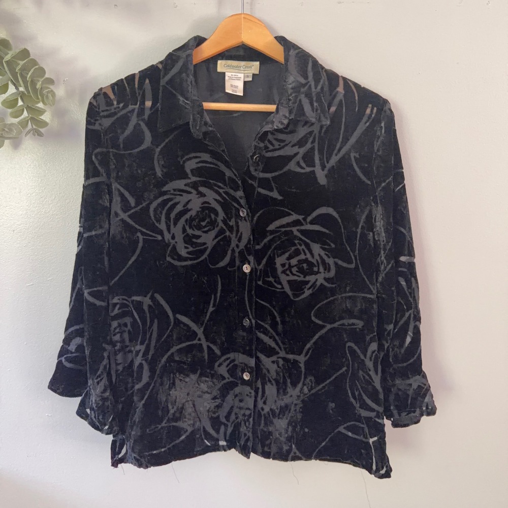 Coldwater Creek Blouse Velvet Burnout Witchy Floral Rose Black Button Down Sz S